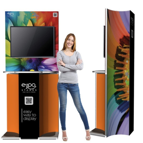 ExpoStands - Soporte para TV con repisas y counter.
