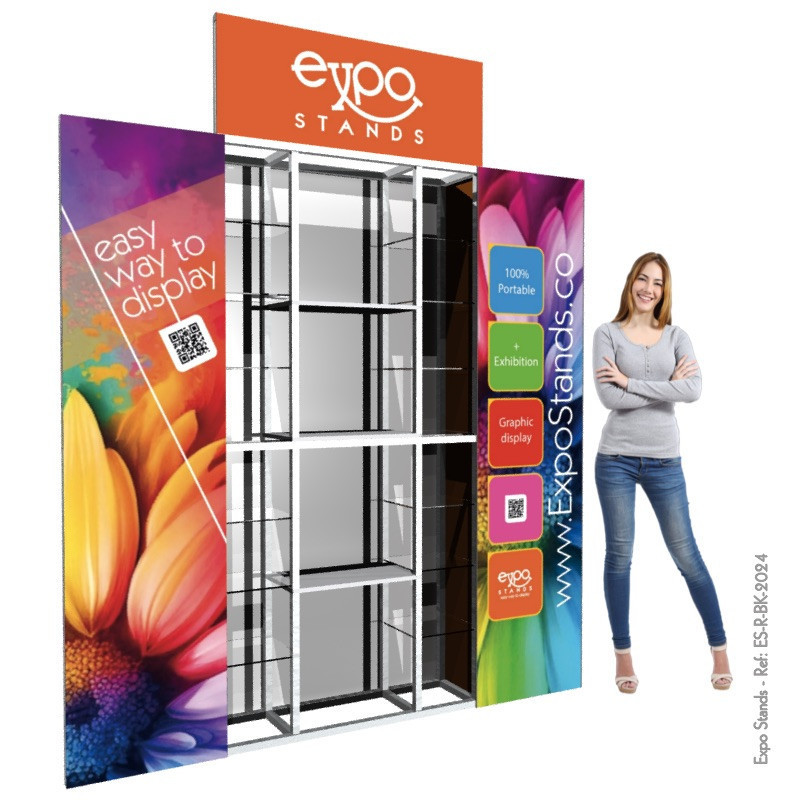 Repisa triple con backing / displays laterales