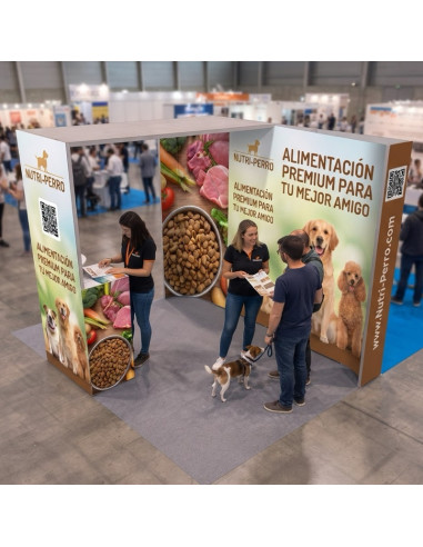 Stand publicitario de 3x2 con columna, counter y techo