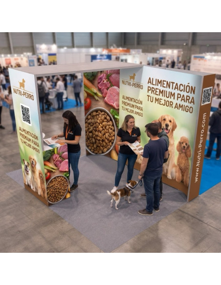 Stand publicitario de 3x2 con columna, counter y techo