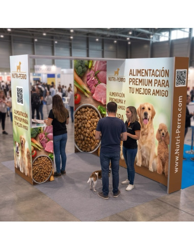 Stand publicitario de 3x2 con columna, counter y techo