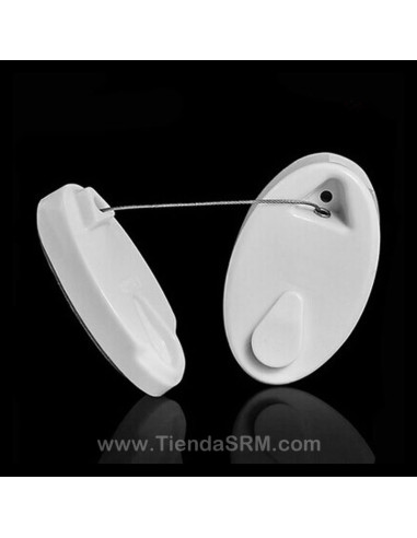 Soporte antirrobo adhesivo para exhibición con cable guaya retráctil.