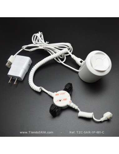 Alarma antirrobo para teléfonos con base, soporte y pinzas.