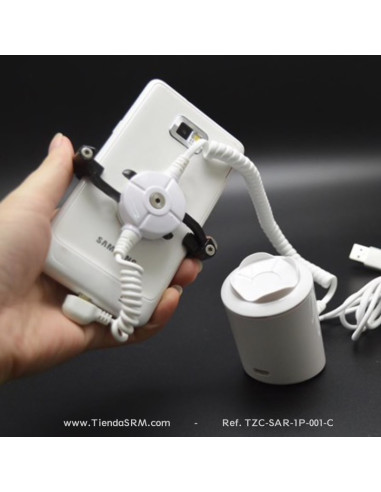 Alarma antirrobo para teléfonos con base, soporte y pinzas.
