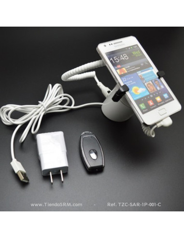 Alarma antirrobo para teléfonos con base, soporte y pinzas.