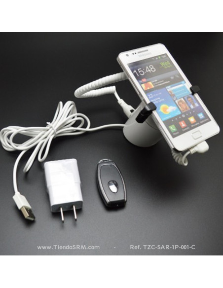 Alarma antirrobo para teléfonos con base, soporte y pinzas.