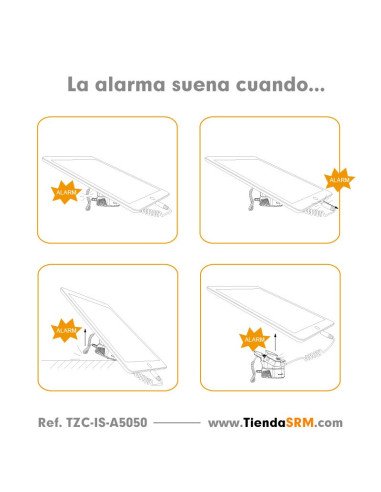 Alarma con soporte y pinza de seguridad para tabletas.