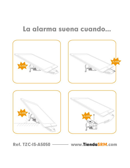 Alarma con soporte y pinza de seguridad para tabletas.
