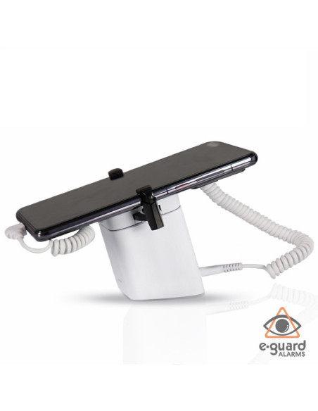 Alarmas antirrobo para teléfonos con base, soporte y pinzas.