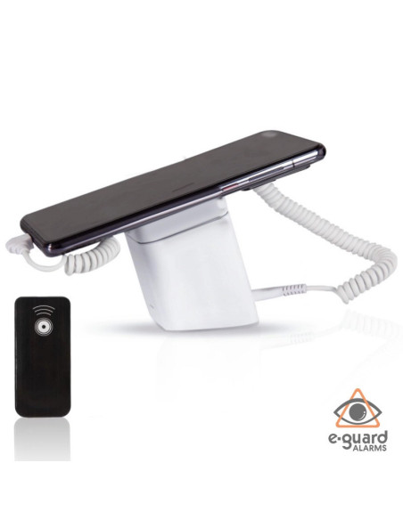 Alarmas antirrobo para teléfonos con base, soporte y pinzas.