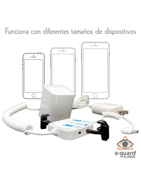 Alarmas antirrobo para teléfonos con base, soporte y pinzas.