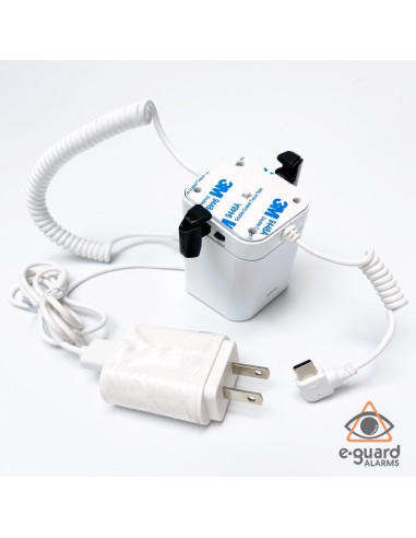 Alarmas antirrobo para teléfonos con base, soporte y pinzas.