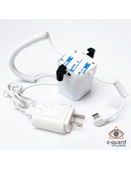 Alarmas antirrobo para teléfonos con base, soporte y pinzas.