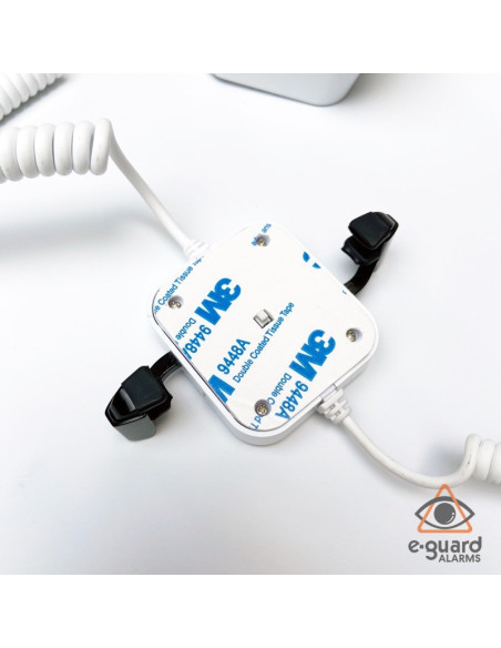 Alarmas antirrobo para teléfonos con base, soporte y pinzas.