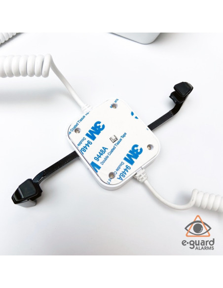 Alarmas antirrobo para teléfonos con base, soporte y pinzas.