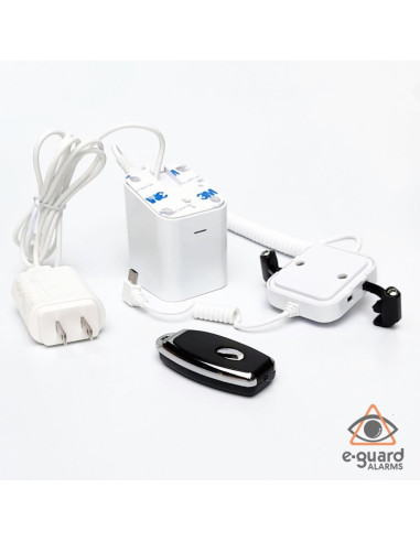 Alarmas antirrobo para teléfonos con base, soporte y pinzas.