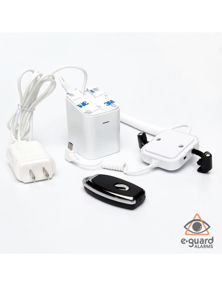 Alarmas antirrobo para teléfonos con base, soporte y pinzas.
