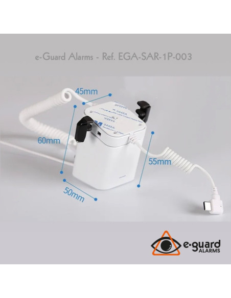 Alarmas antirrobo para teléfonos con base, soporte y pinzas.