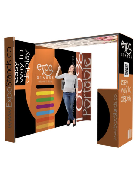 Stand publicitario de 3x2 con columna, counter y techo