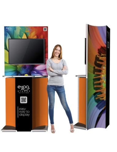 ExpoStands - Soporte para TV con repisas y counter.