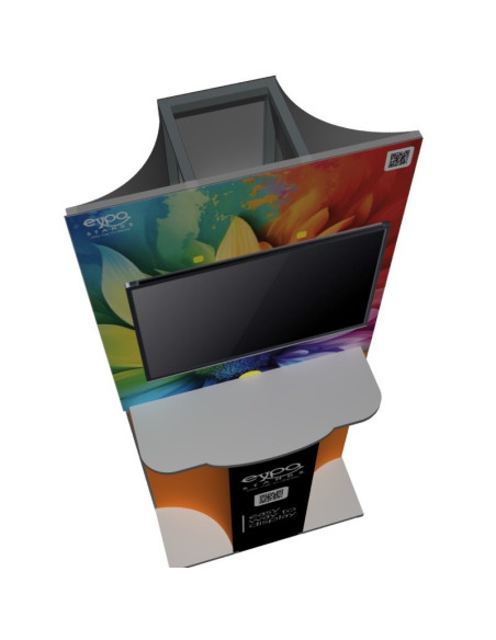 ExpoStands - Soporte para TV con repisas y counter.