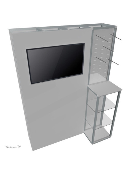 Backing con counter, porta TV y ganchera.