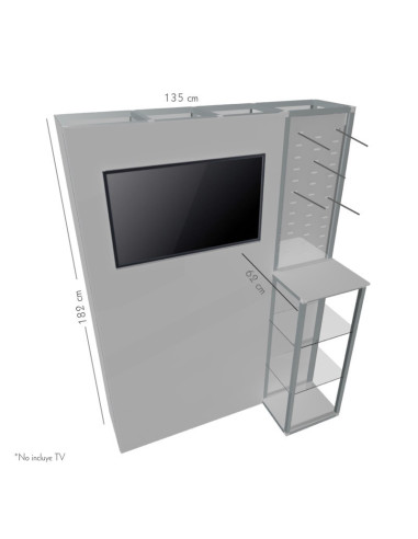 Backing con counter, porta TV y ganchera.