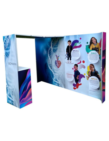 Stand publicitario de 3x2 con columna, counter y techo