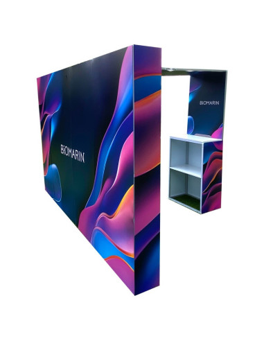 Stand publicitario de 3x2 con columna, counter y techo