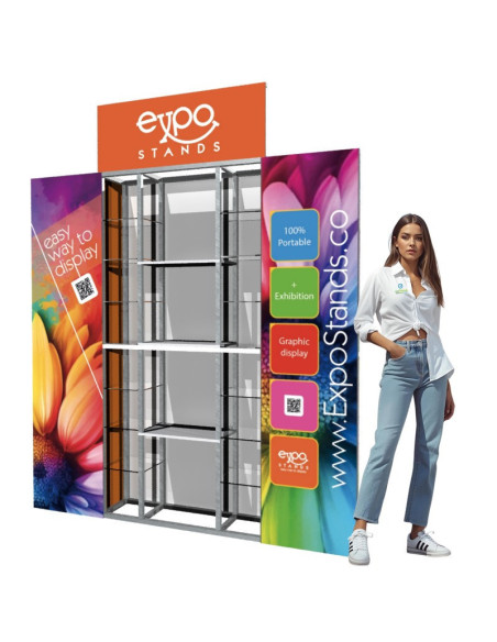 Repisa triple con backing / displays laterales